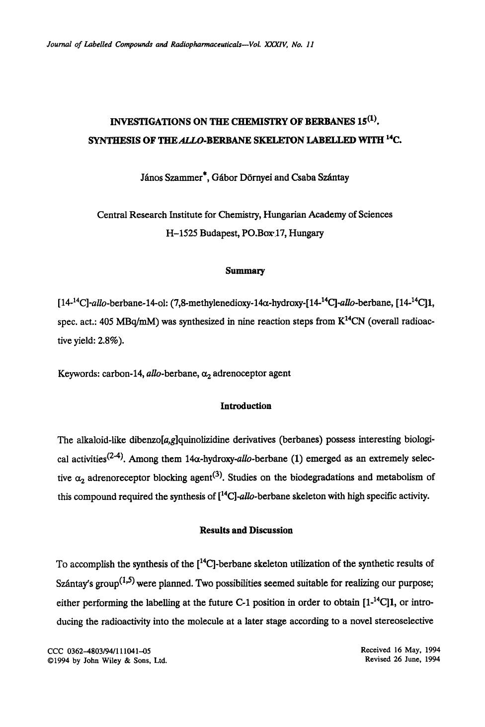 Investigations on the chemistry of berbanes 15(1) synthesis of the allo-berbane skeleton labelled with 14C by Unknown
