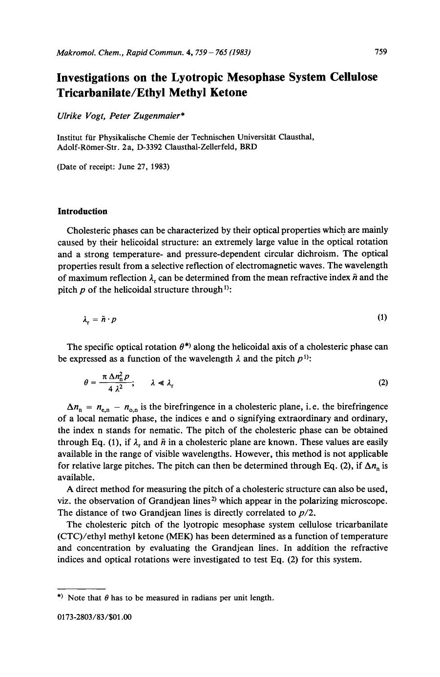 Investigations on the lyotropic mesophase system cellulose tricarbanilateethyl methyl ketone by Unknown