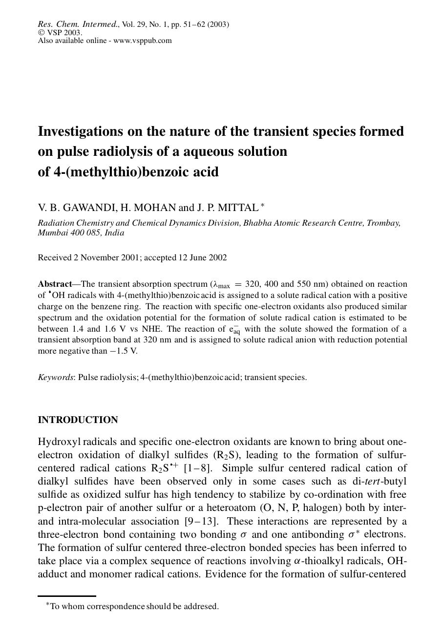 Investigations on the nature of the transient species formed on pulse radiolysis of a aqueous solution of 4-(methylthio)benzoic acid by Unknown