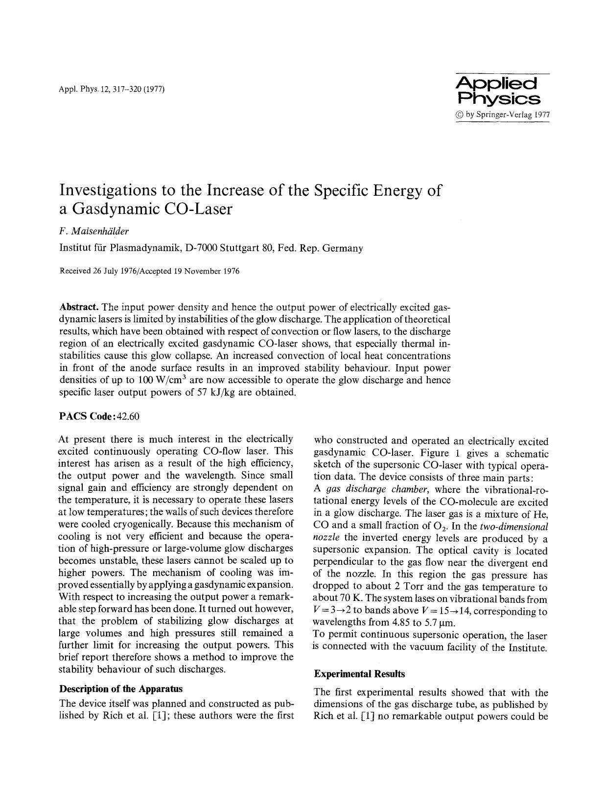 Investigations to the increase of the specific energy of a gasdynamic CO-laser by Unknown