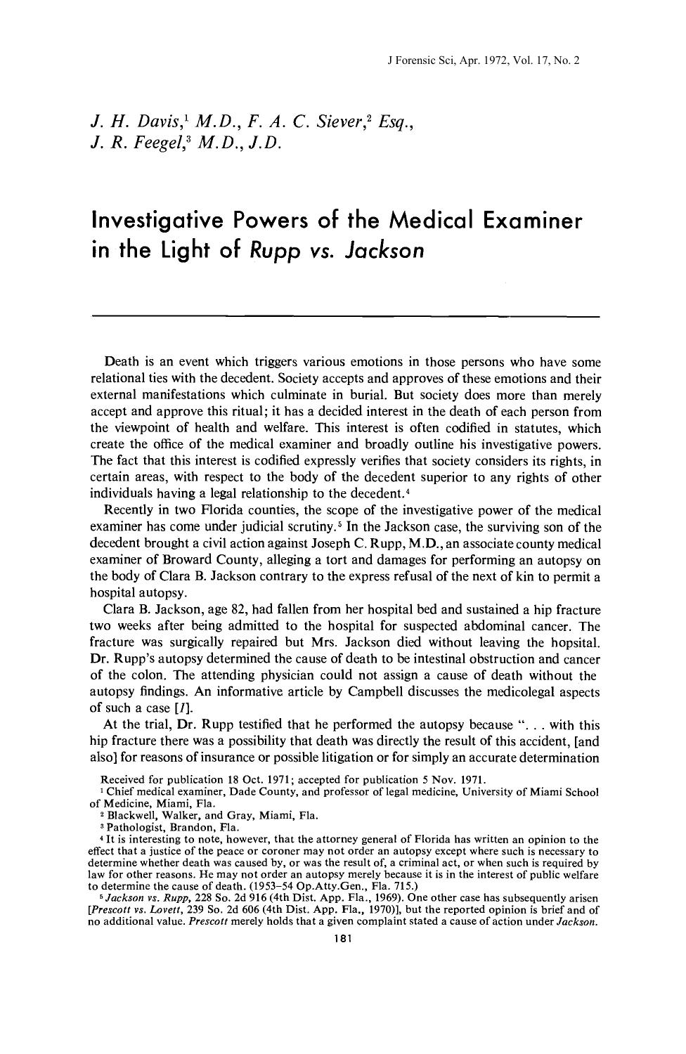 Investigative Powers of the Medical Examiner in the Light of <i>Rupp vs. Jackson<i> by Davis JH Siever FAC Feegel JR