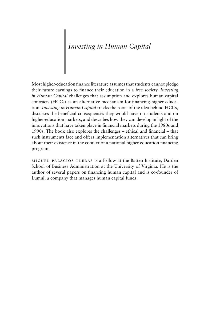 Investing in Human Capital: A Capital Markets Approach to Student Funding by Miguel Palacios Lleras