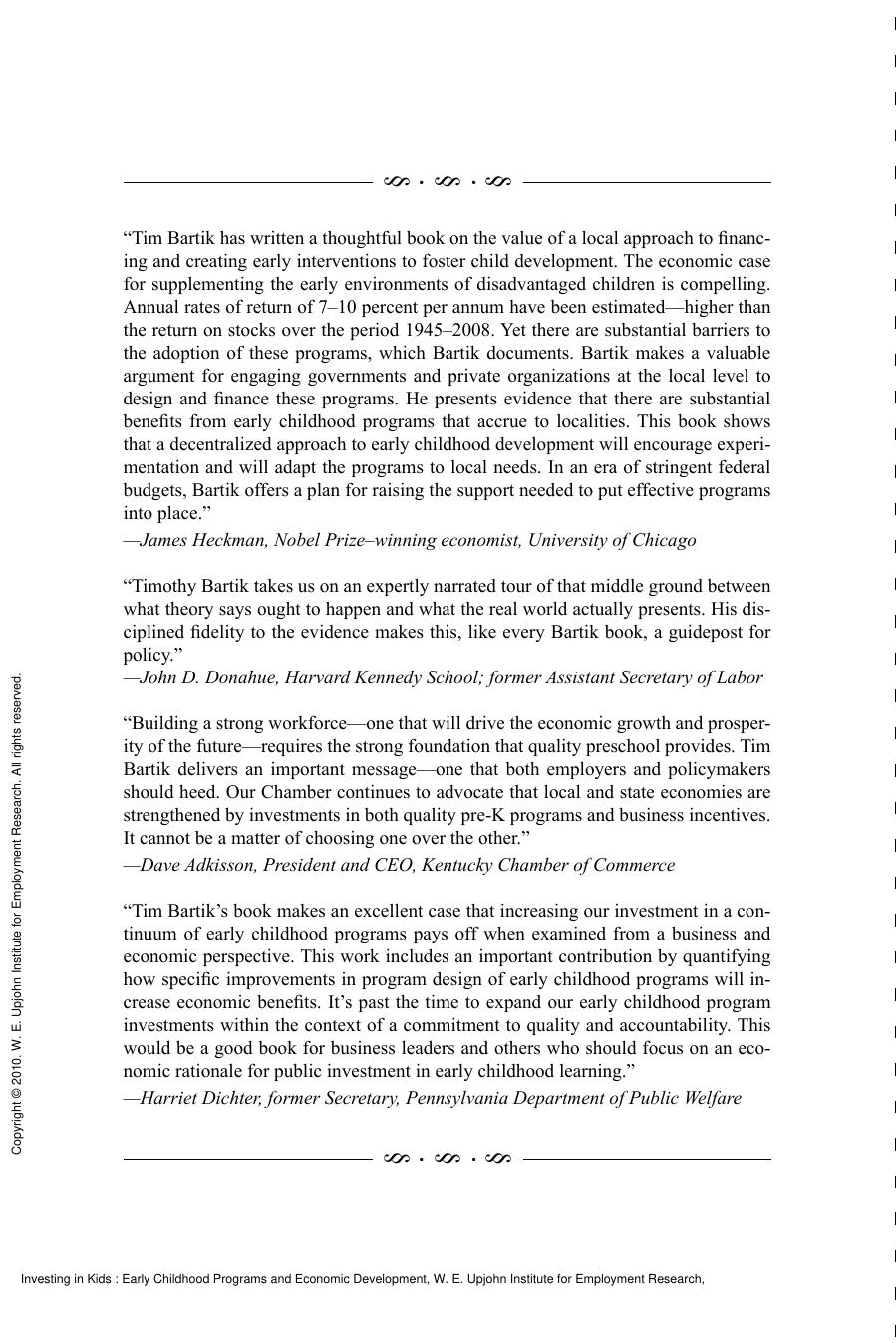 Investing in Kids : Early Childhood Programs and Economic Development by Timothy J. Bartik