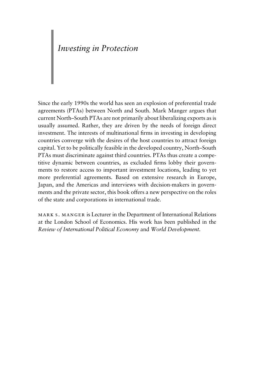 Investing in Protection: The Politics of Preferential Trade Agreements between North and South by Mark S. Manger
