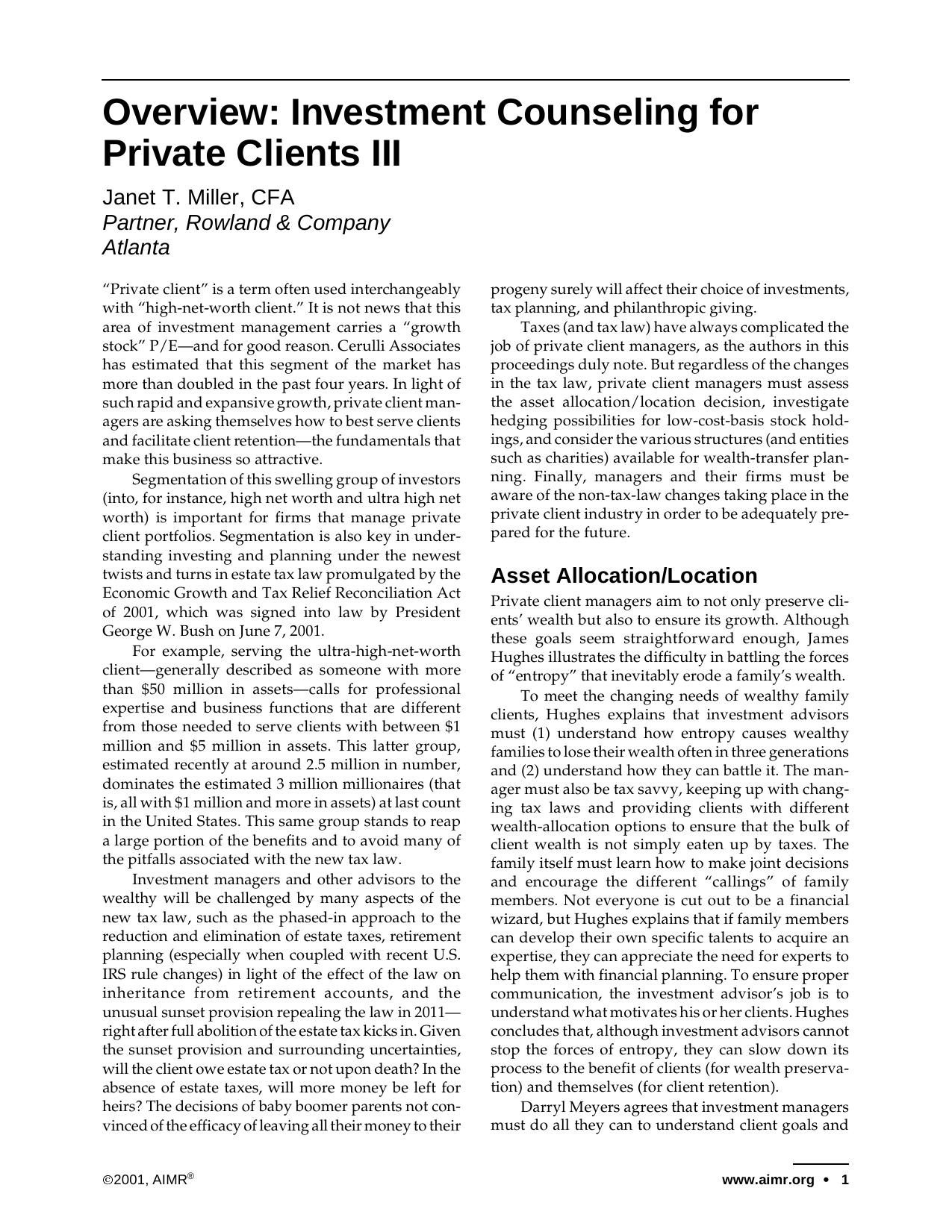 Investment Counseling for Private Clients III by Janet T. Miller