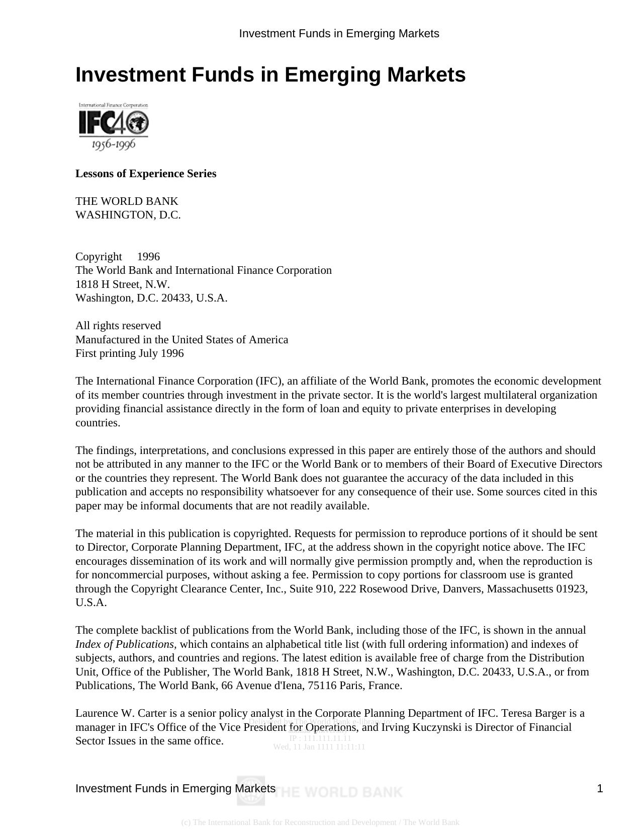 Investment Funds in Emerging Markets (Ifc Lessons of Experience Series, 2) by Laurence Carter Irving Kuczynski Teresa Barger