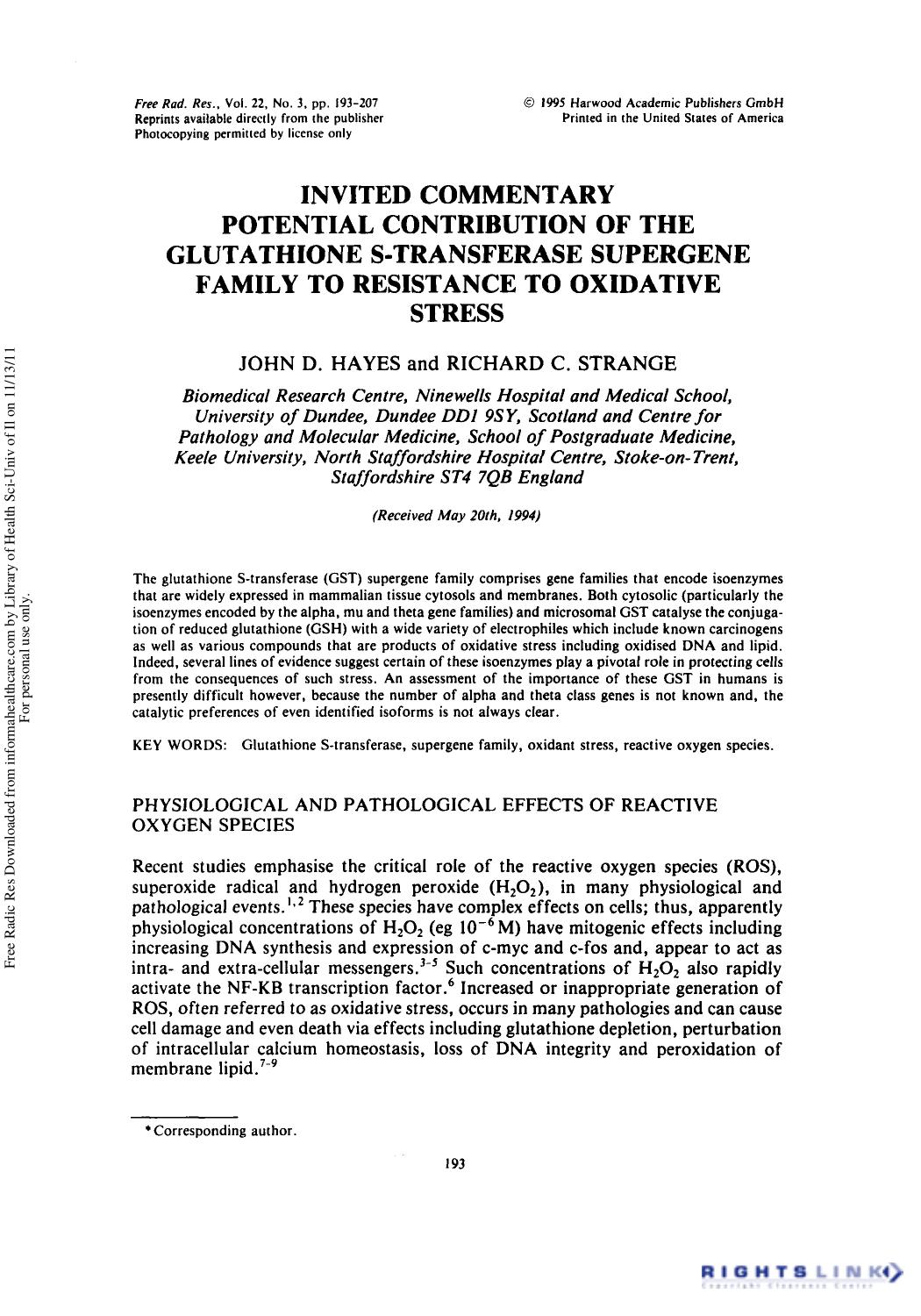Invited Commentary Potential Contribution of the Glutathione S-Transferase Supergene Family to Resistance to Oxidative Stress by John D. Hayes1 2 & Richard C. Strange1 1