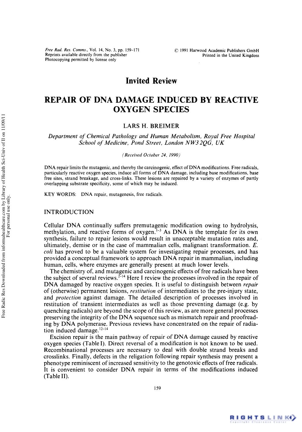 Invited Review: Repair of DNA Damage Induced by Reactive Oxygen Species by Lars H. Breimer