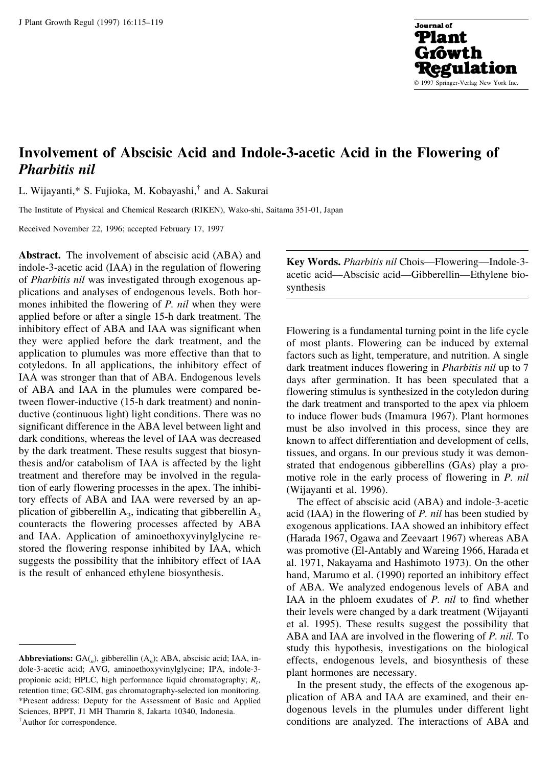 Involvement of Abscisic Acid and Indole-3-acetic Acid in the Flowering of Pharbitis nil by Wijayanti L. et al