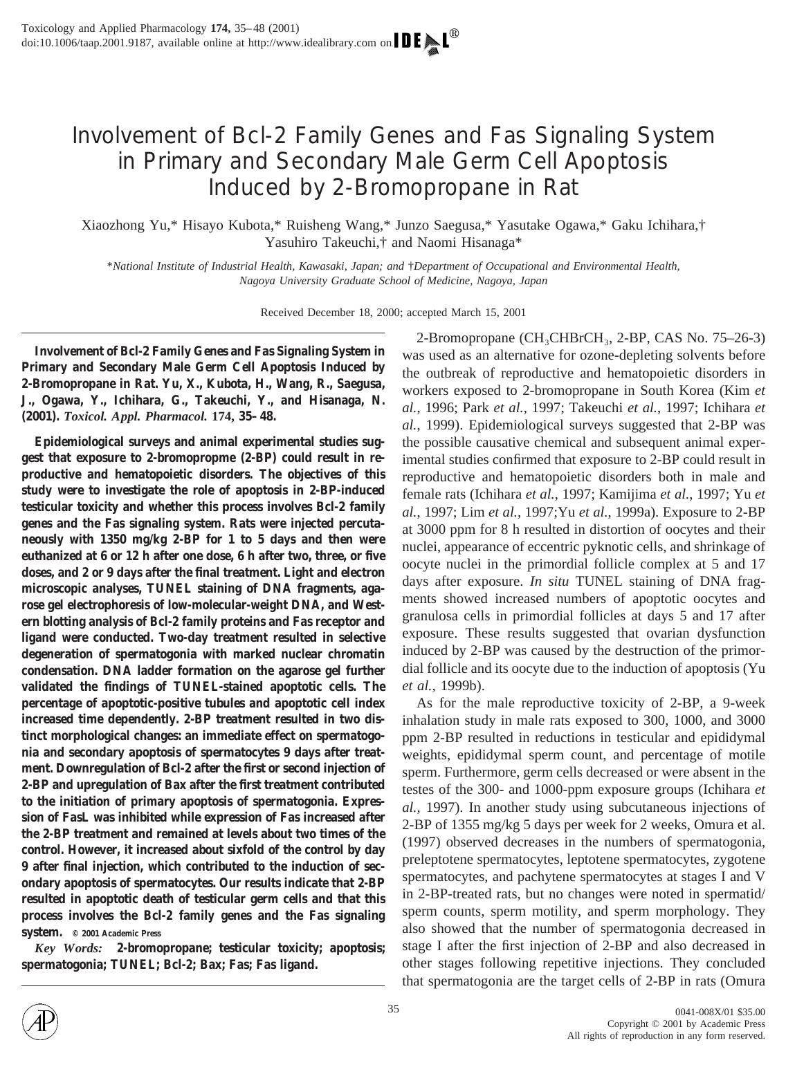Involvement of Bcl-2 Family Genes and Fas Signaling System in Primary and Secondary Male Germ Cell Apoptosis Induced by 2-Bromopropane in Rat by Yu X. et al