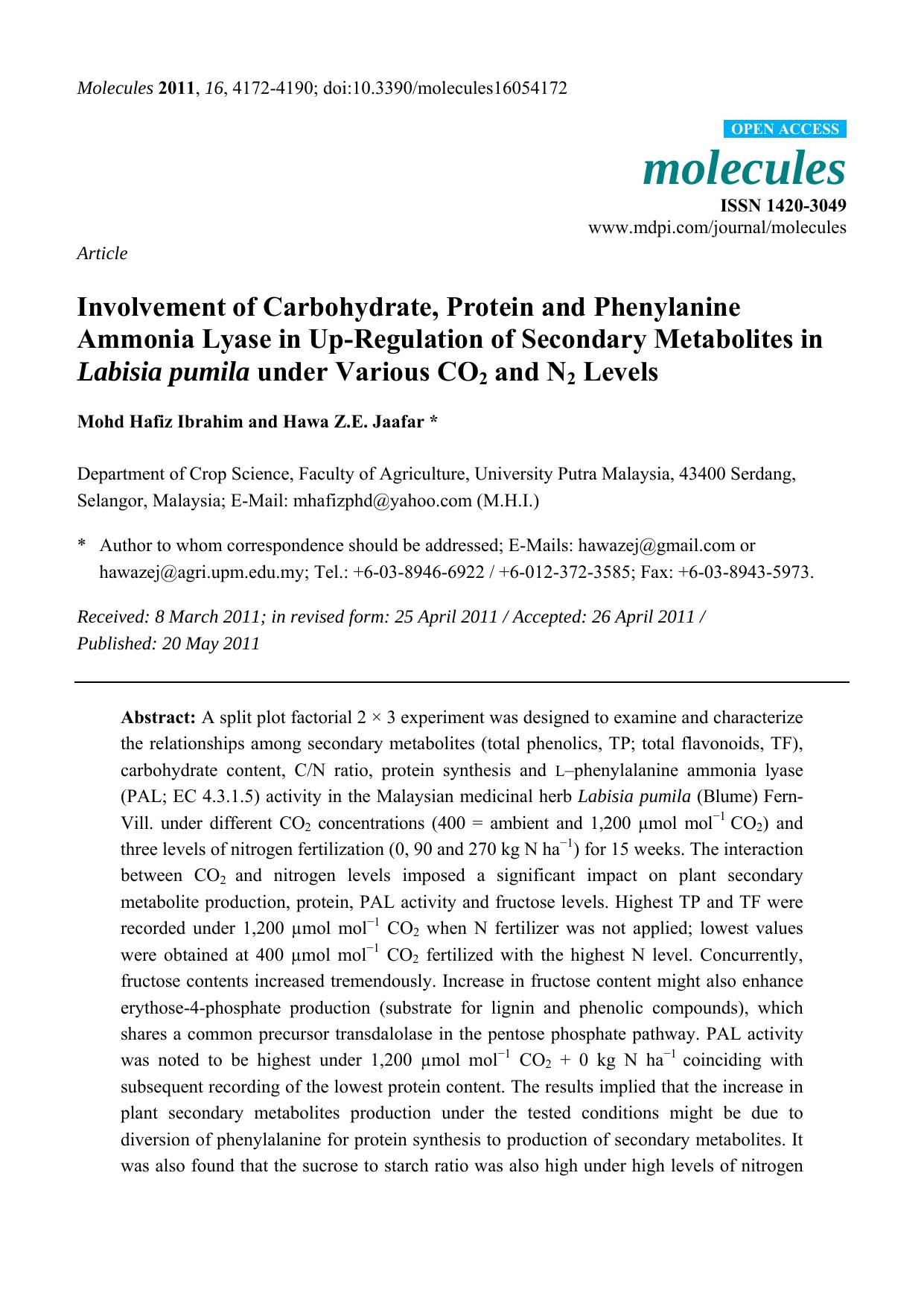 Involvement of Carbohydrate, Protein and Phenylanine Ammonia Lyase in Up-Regulation of Secondary Metabolites in Labisia pumila under Various CO2 and N2 Levels by Mohd Hafiz Ibrahim & Hawa Z.E. Jaafar