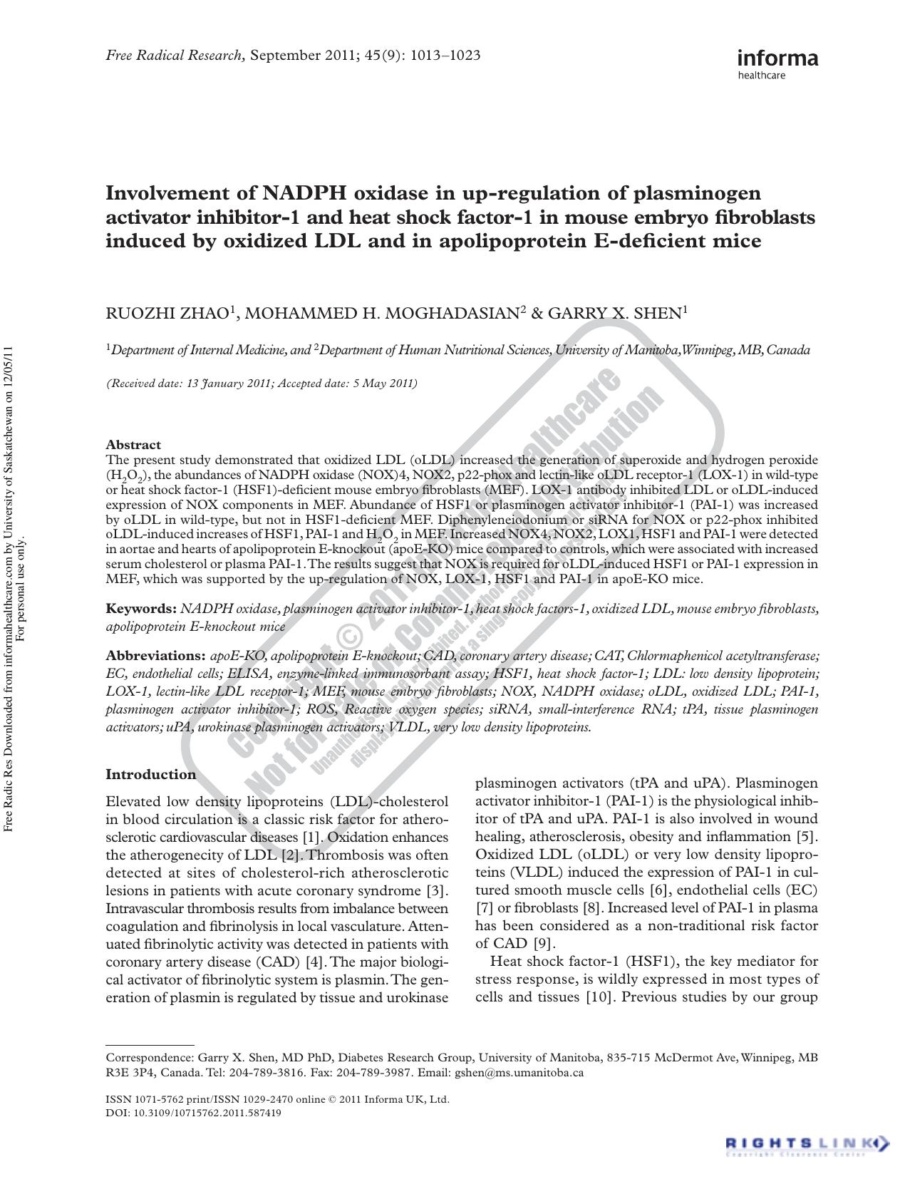 Involvement of NADPH oxidase in up-regulation of plasminogen activator inhibitor-1 and heat shock factor-1 in mouse embryo fibroblasts induced by oxidized LDL and in apolipoprotein E-deficient mice by Ruozhi Zhao 1 Mohammed H. Moghadasian 2 & Garry X. Shen 1gshen@ms.umanitoba.ca