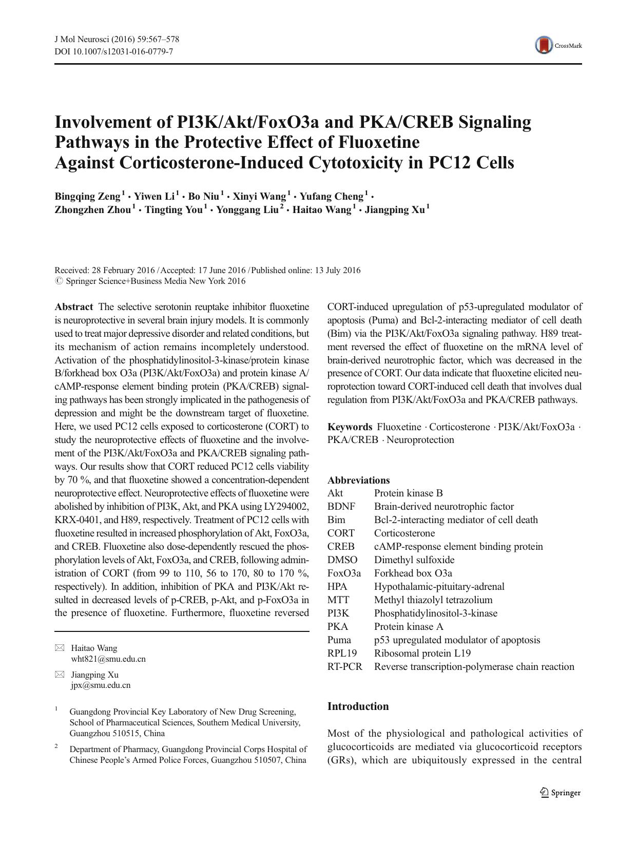 Involvement of PI3KAktFoxO3a and PKACREB Signaling Pathways in the Protective Effect of Fluoxetine Against Corticosterone-Induced Cytotoxicity in PC12 Cells by unknow
