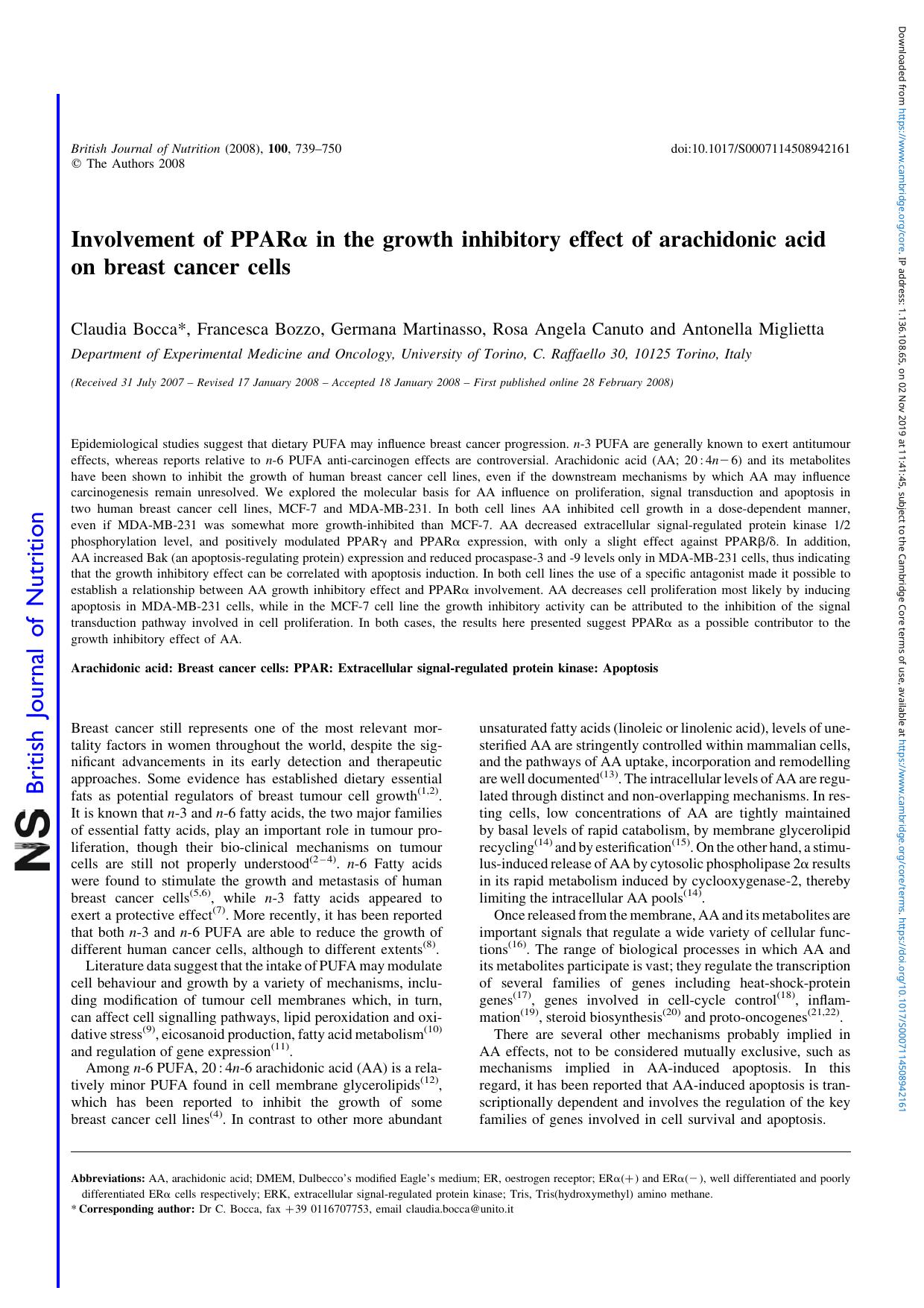 Involvement of PPARÎ± in the growth inhibitory effect of arachidonic acid on breast cancer cells by Claudia Bocca Francesca Bozzo Germana Martinasso Rosa Angela Canuto Antonella Miglietta