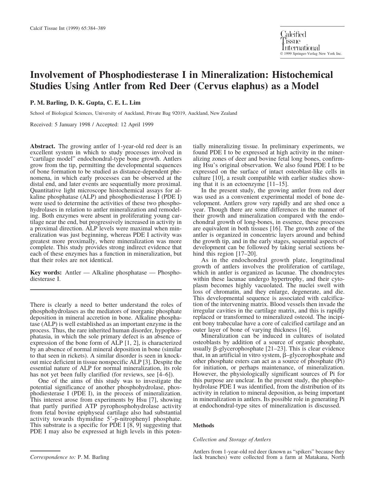 Involvement of Phosphodiesterase I in Mineralization: Histochemical Studies Using Antler from Red Deer (Cervus elaphus) as a Model by Barling P. et al