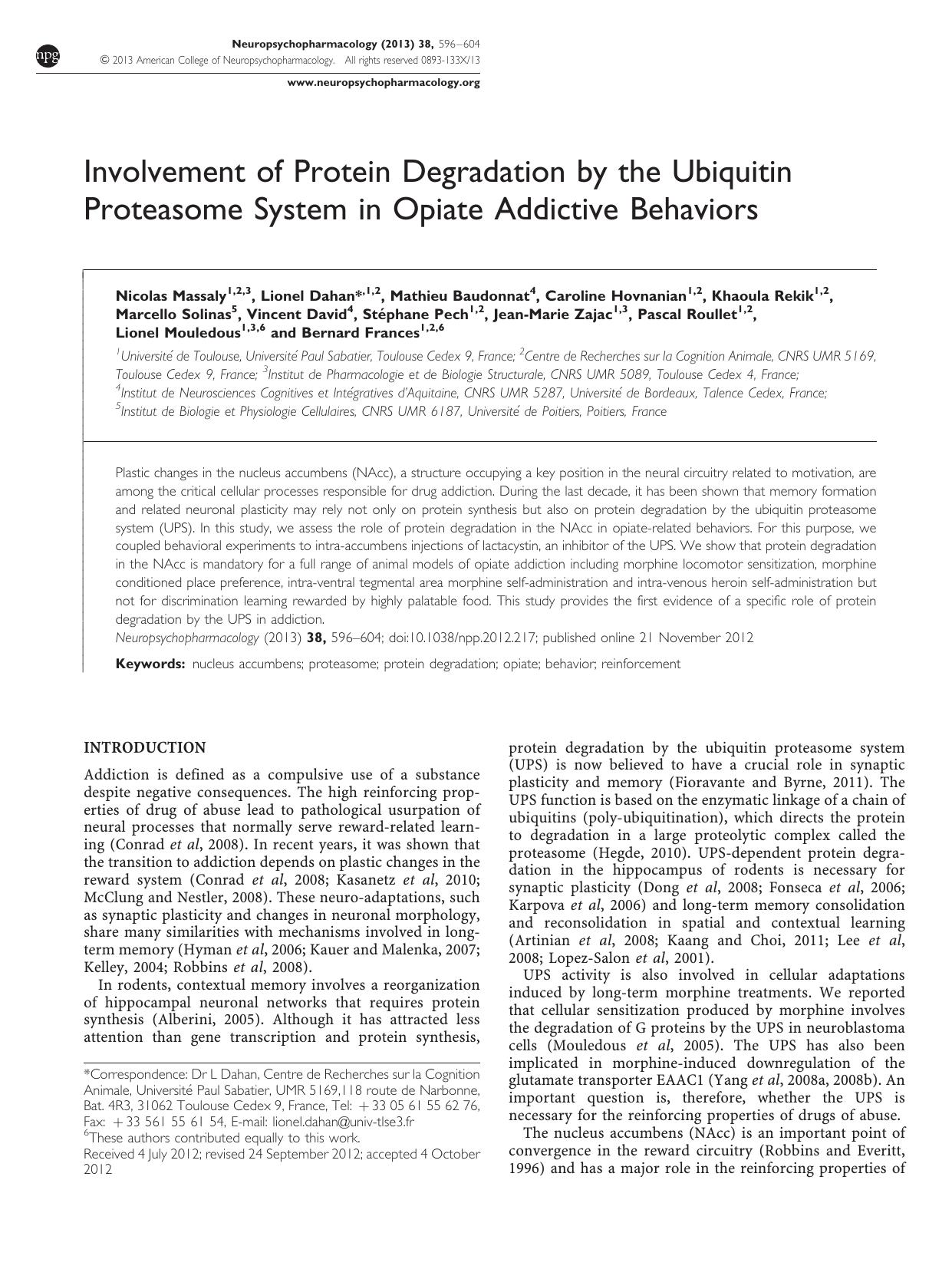 Involvement of Protein Degradation by the Ubiquitin Proteasome System in Opiate Addictive Behaviors by unknow