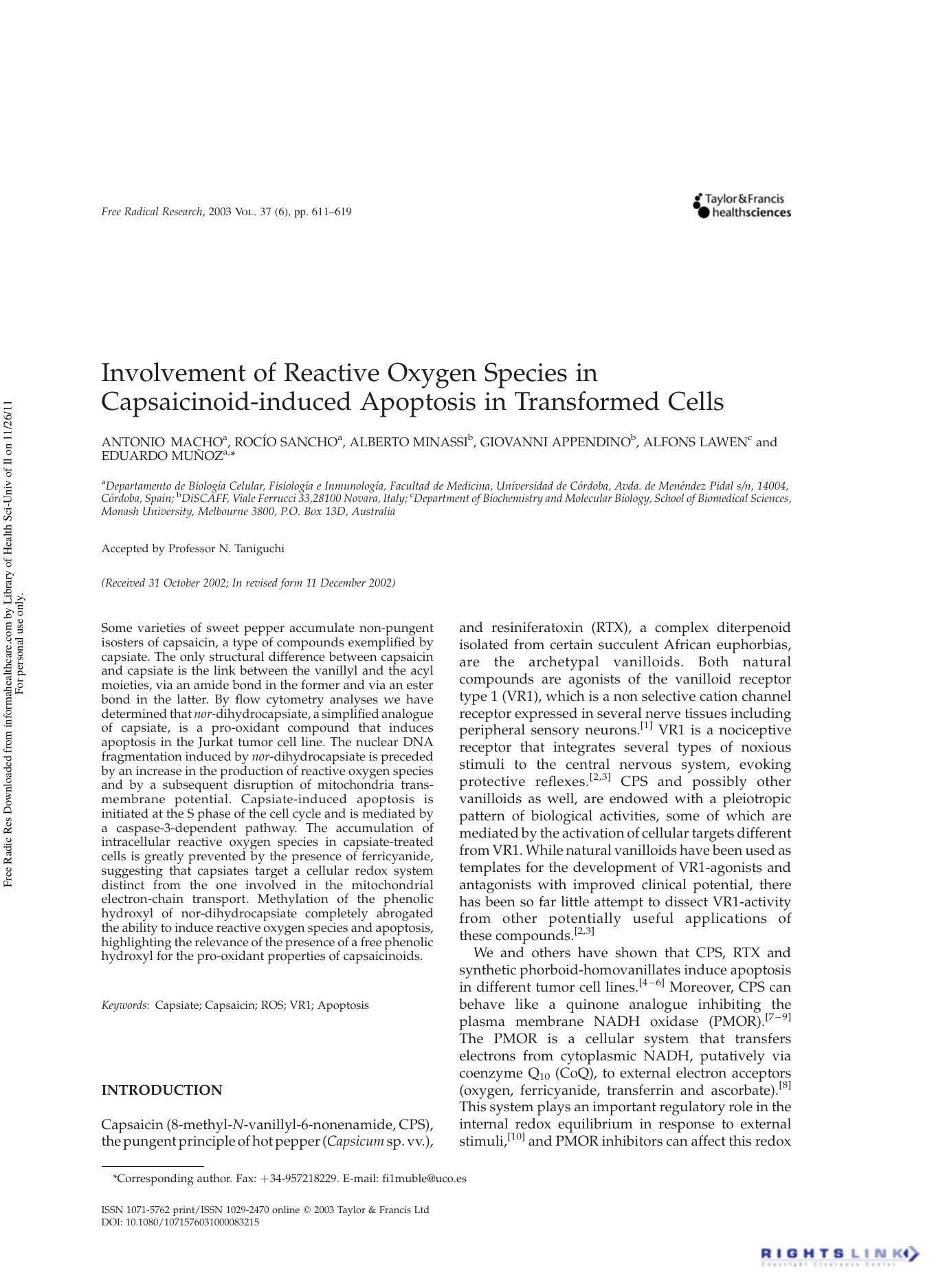 Involvement of Reactive Oxygen Species in Capsaicinoid-induced Apoptosis in Transformed Cells by unknow