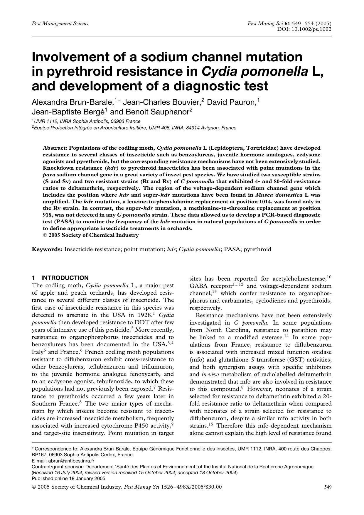 Involvement of a sodium channel mutation in pyrethroid resistance in Cydia pomonella L, and development of a diagnostic test by Unknown