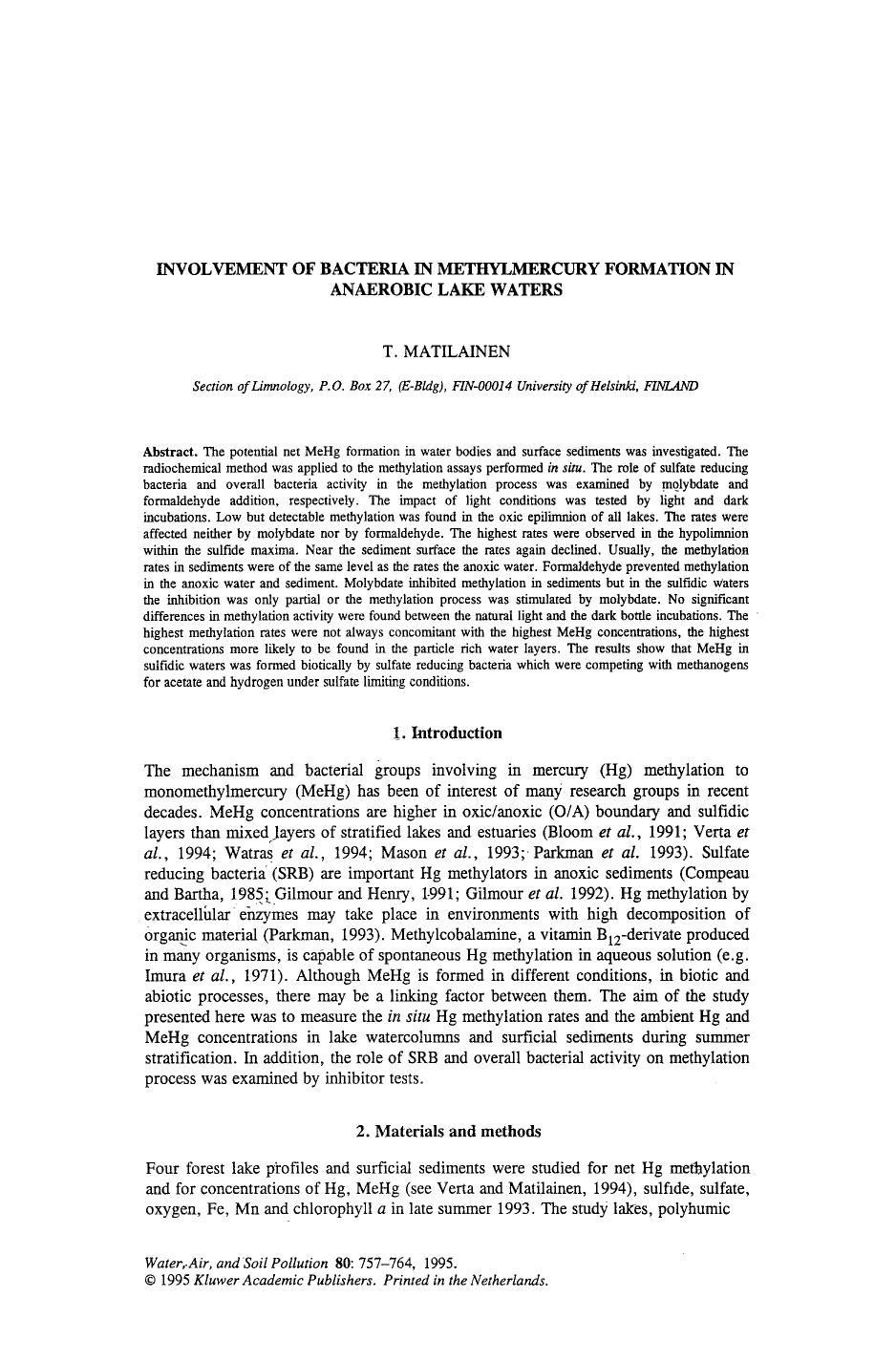 Involvement of bacteria in methylmercury formation in anaerobic lake waters by Unknown