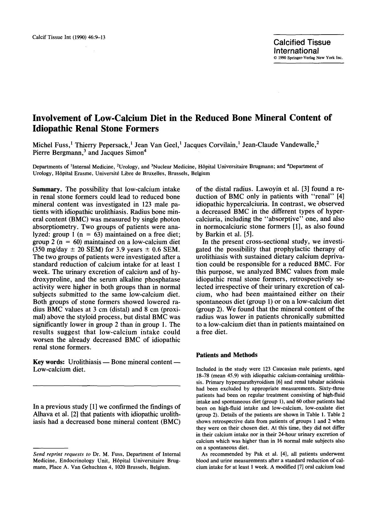 Involvement of low-calcium diet in the reduced bone mineral content of idiopathic renal stone formers by Unknown