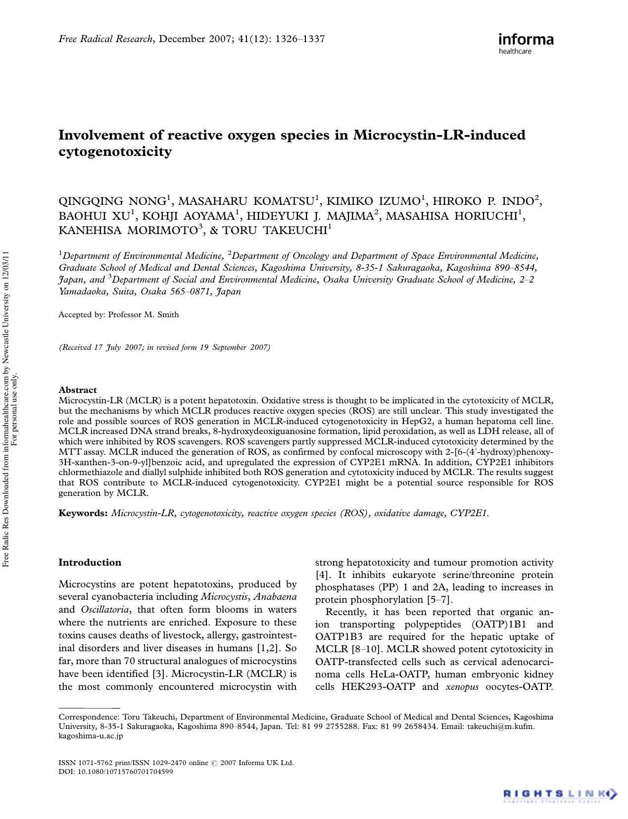 Involvement of reactive oxygen species in Microcystin-LR-induced cytogenotoxicity by unknow