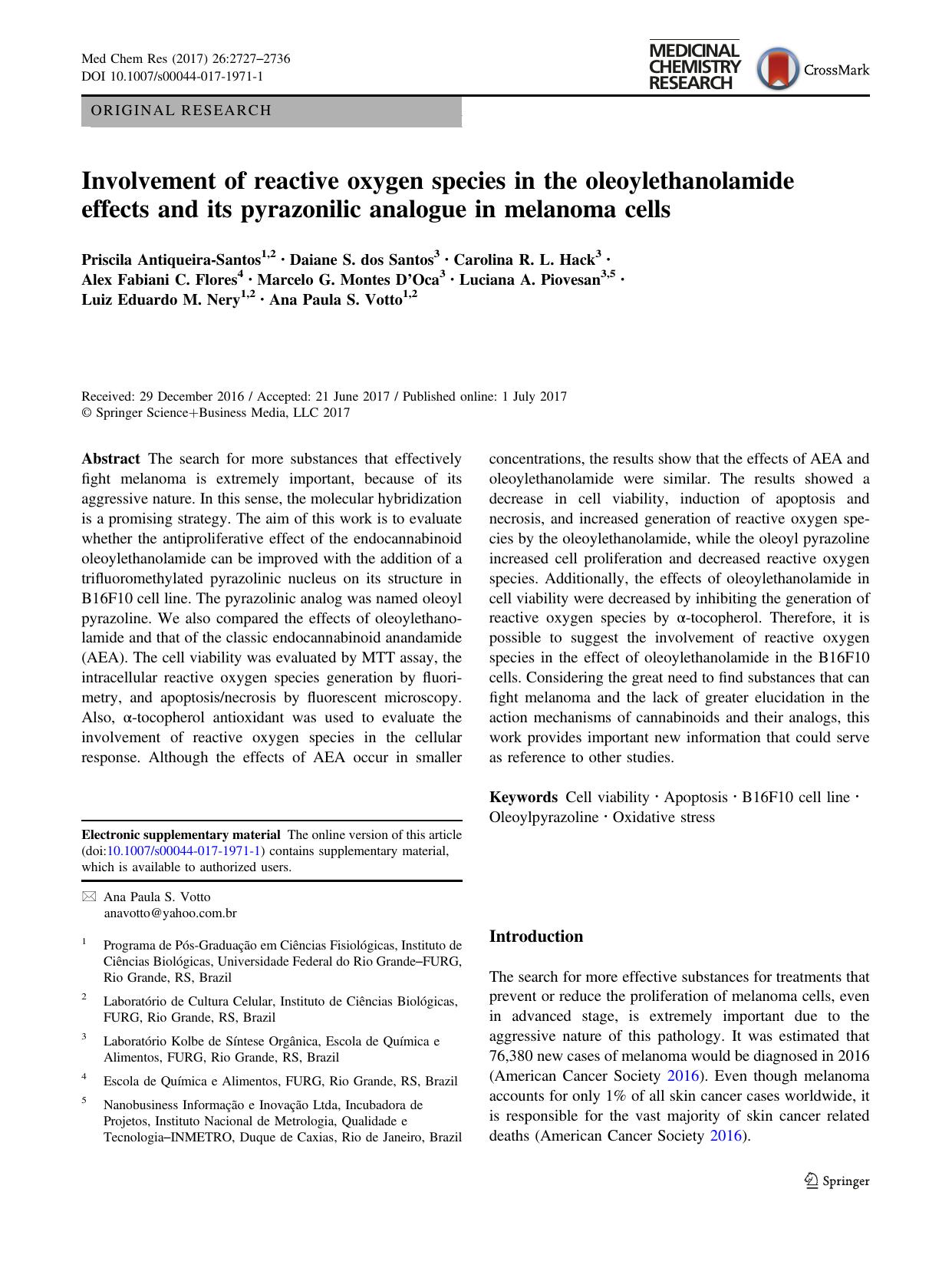 Involvement of reactive oxygen species in the oleoylethanolamide effects and its pyrazonilic analogue in melanoma cells by unknow