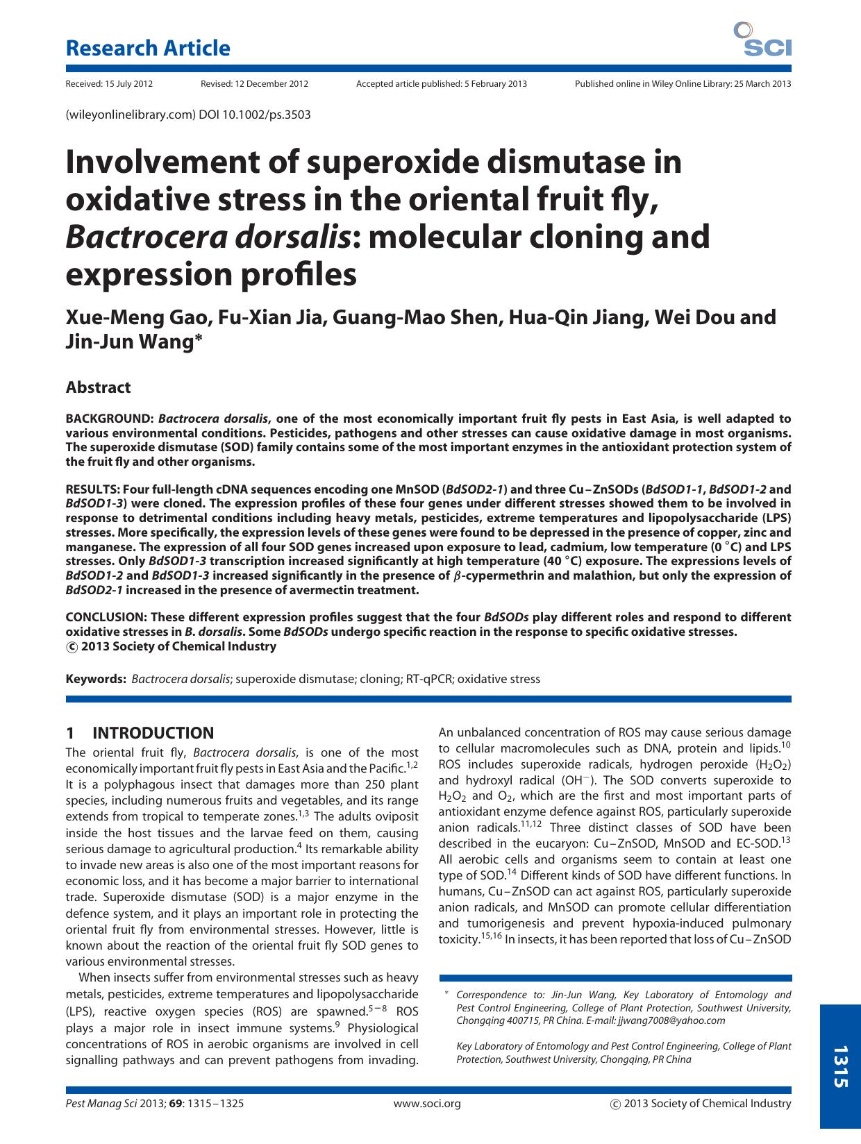 Involvement of superoxide dismutase in oxidative stress in the oriental fruit fly, Bactrocera dorsalis: molecular cloning and expression profiles by Unknown