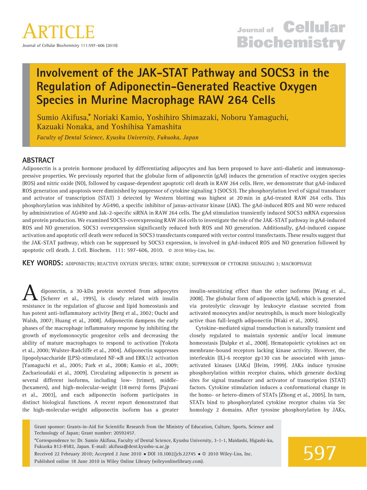 Involvement of the JAKSTAT pathway and SOCS3 in the regulation of adiponectingenerated reactive oxygen species in murine macrophage RAW 264 cells by Unknown