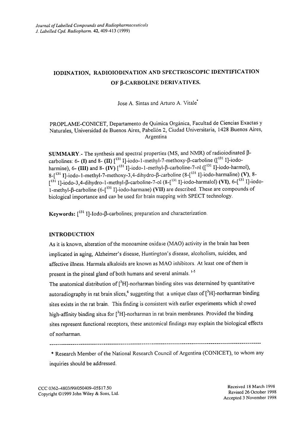 Iodination, radioiodination and spectroscopic identification of [beta]-carboline derivatives by Unknown