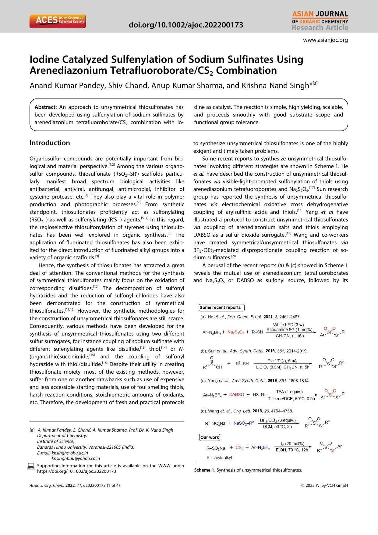 Iodine Catalyzed Sulfenylation of Sodium Sulfinates Using Arenediazonium TetrafluoroborateCS2 Combination by Unknown