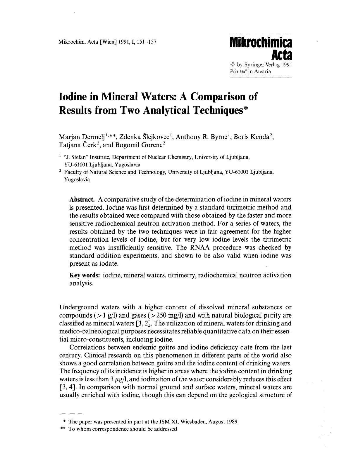 Iodine in mineral waters: A comparison of results from two analytical techniques by Unknown
