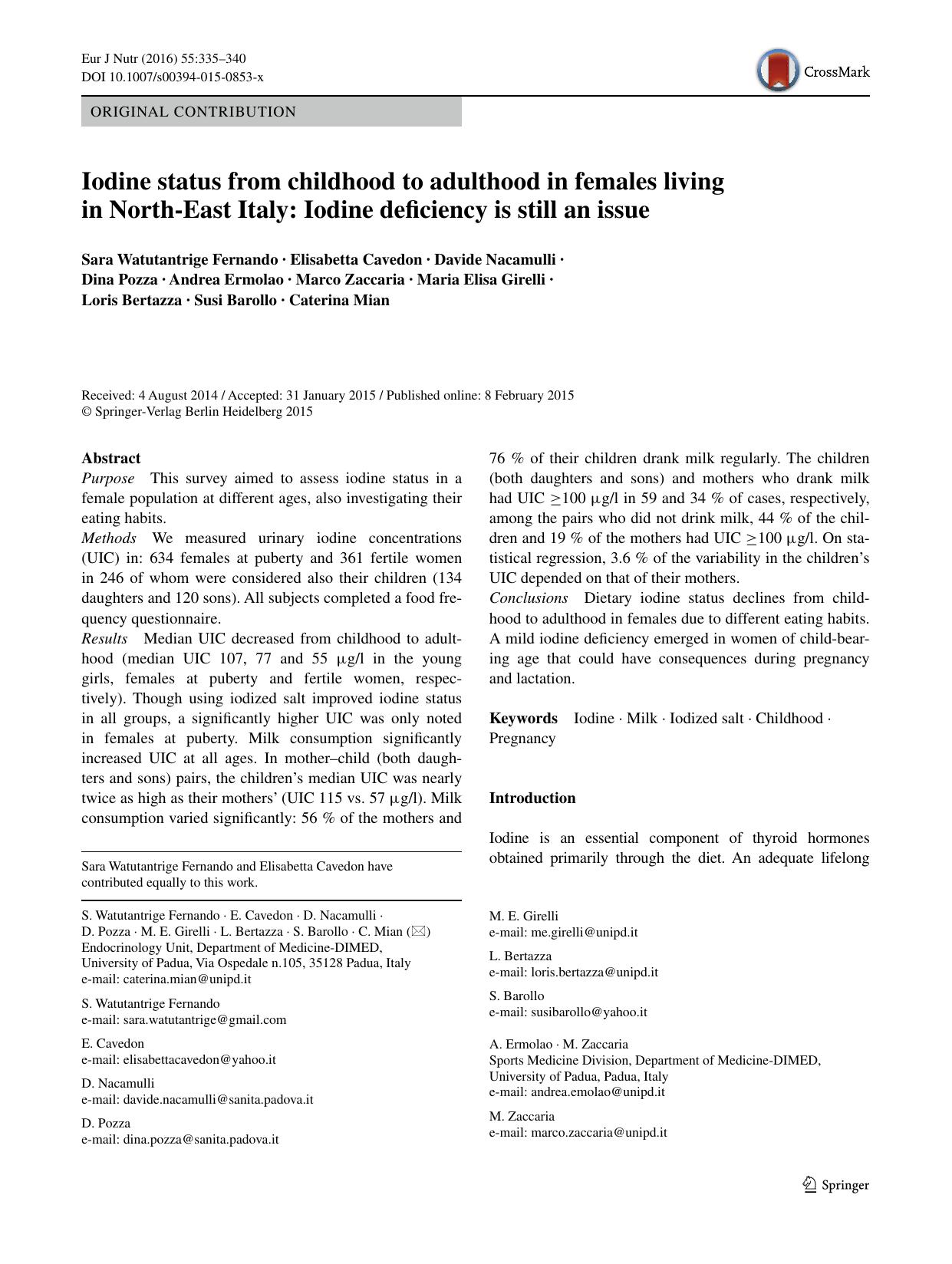 Iodine status from childhood to adulthood in females living in North-East Italy: Iodine deficiency is still an issue by unknow