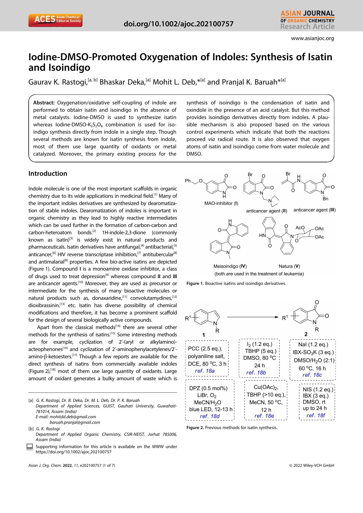 IodineâDMSOâPromoted Oxygenation of Indoles: Synthesis of Isatin and Isoindigo by Unknown