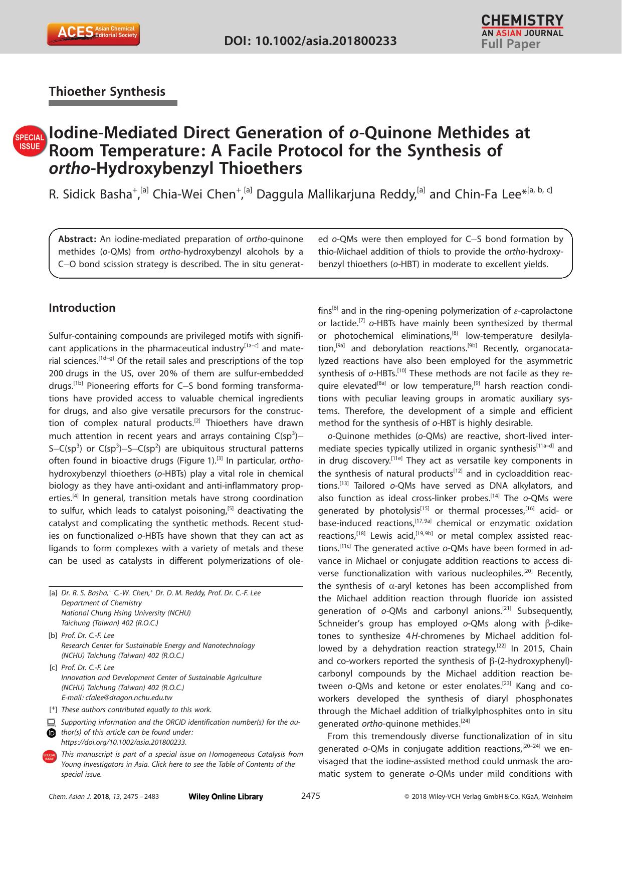 IodineâMediated Direct Generation of oâQuinone Methides at Room Temperature: A Facile Protocol for the Synthesis of orthoâHydroxybenzyl Thioethers by Unknown