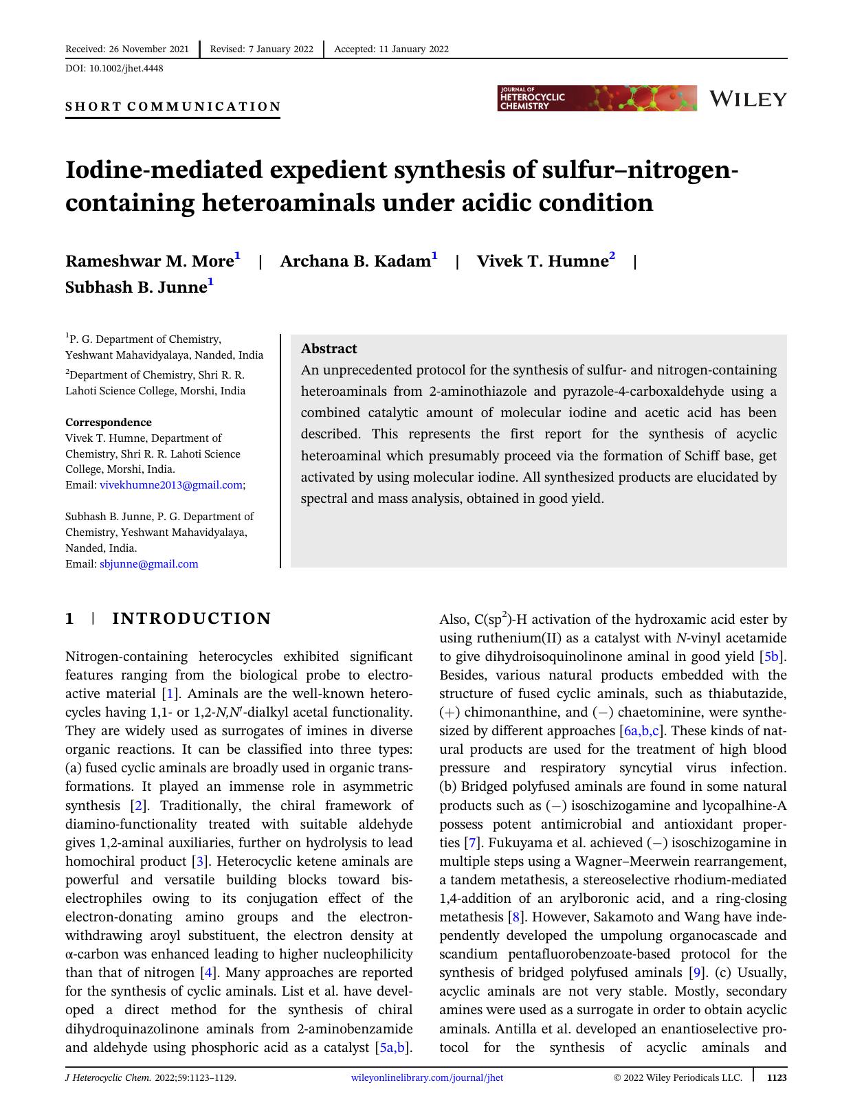 Iodine-mediated expedient synthesis of sulfur-nitrogen containing heteroaminals under acidic condition by Unknown