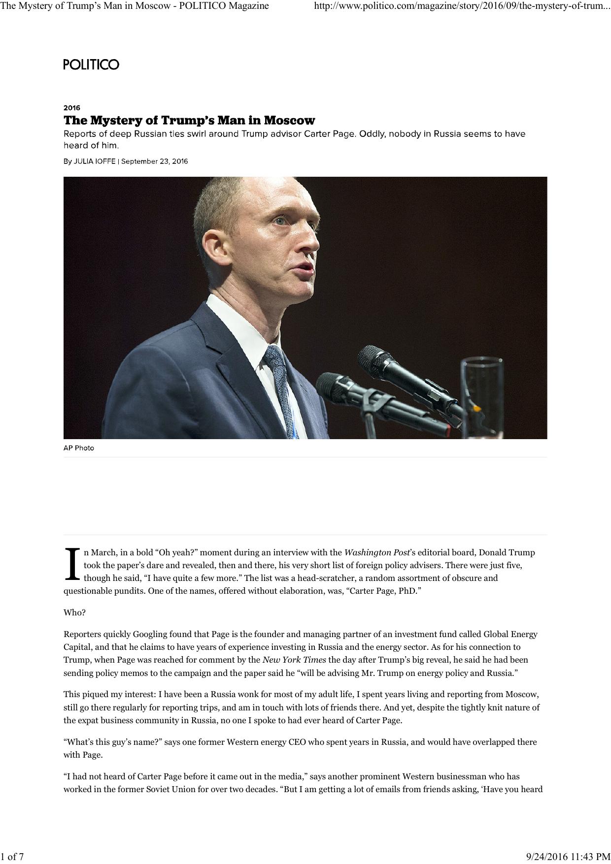 Ioffe - The Mystery of Trump’s Man in Moscow by POLITICO Magazine (Sept 23 2016)
