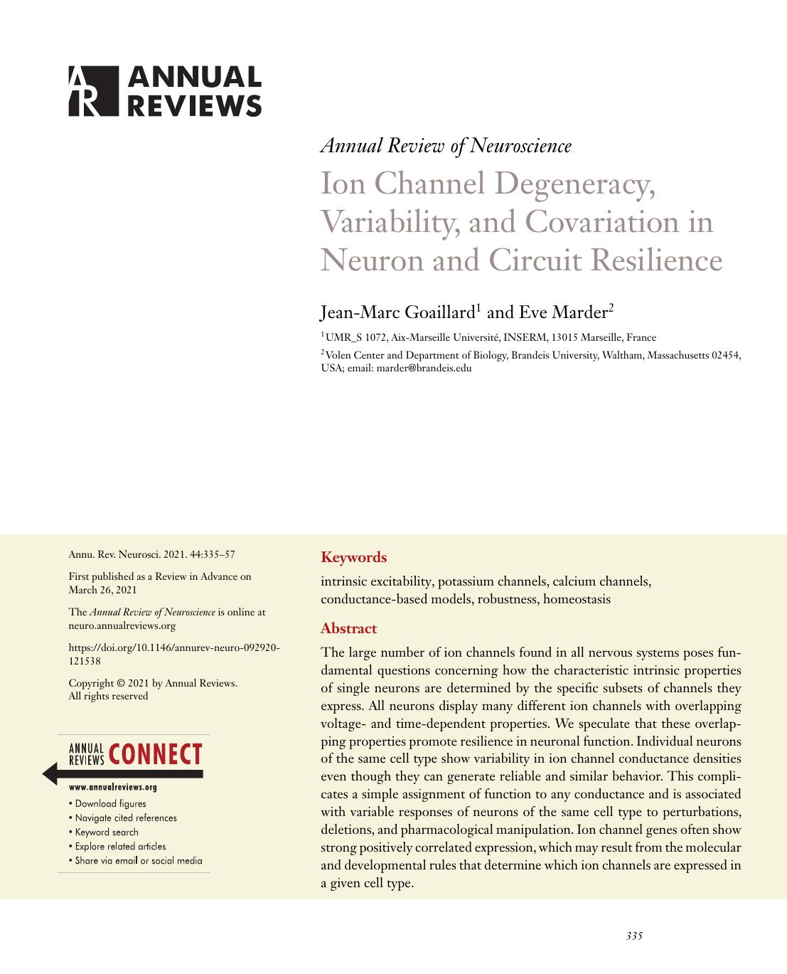 Ion Channel Degeneracy, Variability, and Covariation in Neuron and Circuit Resilience by Jean-Marc Goaillard and Eve Marder