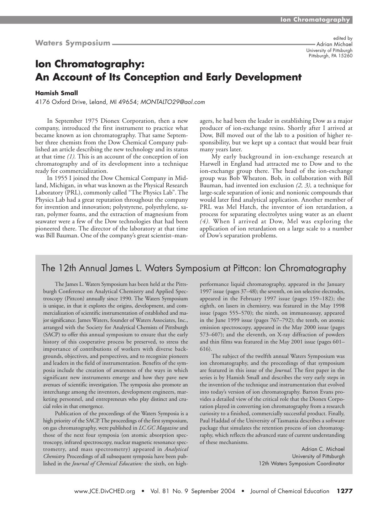 Ion Chromatography: An Account of Its Conception and Early Development by Hamish Small