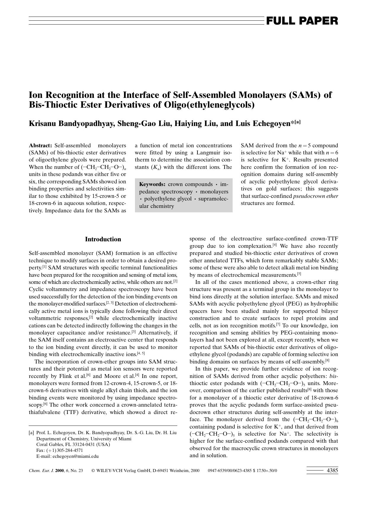 Ion Recognition at the Interface of Self-Assembled Monolayers (SAMs) of Bis-Thioctic Ester Derivatives of Oligo(ethyleneglycols) by Unknown