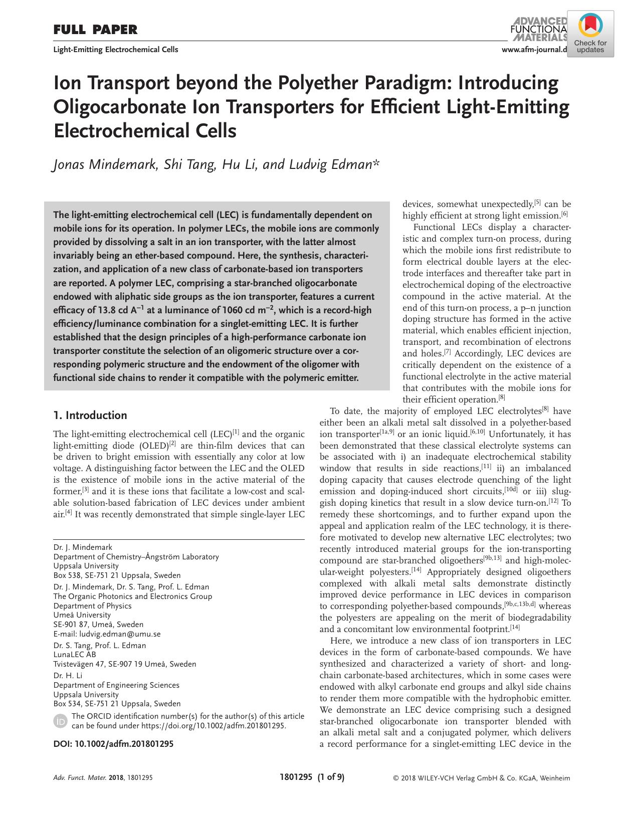 Ion Transport beyond the Polyether Paradigm: Introducing Oligocarbonate Ion Transporters for Efficient LightâEmitting Electrochemical Cells by Unknown