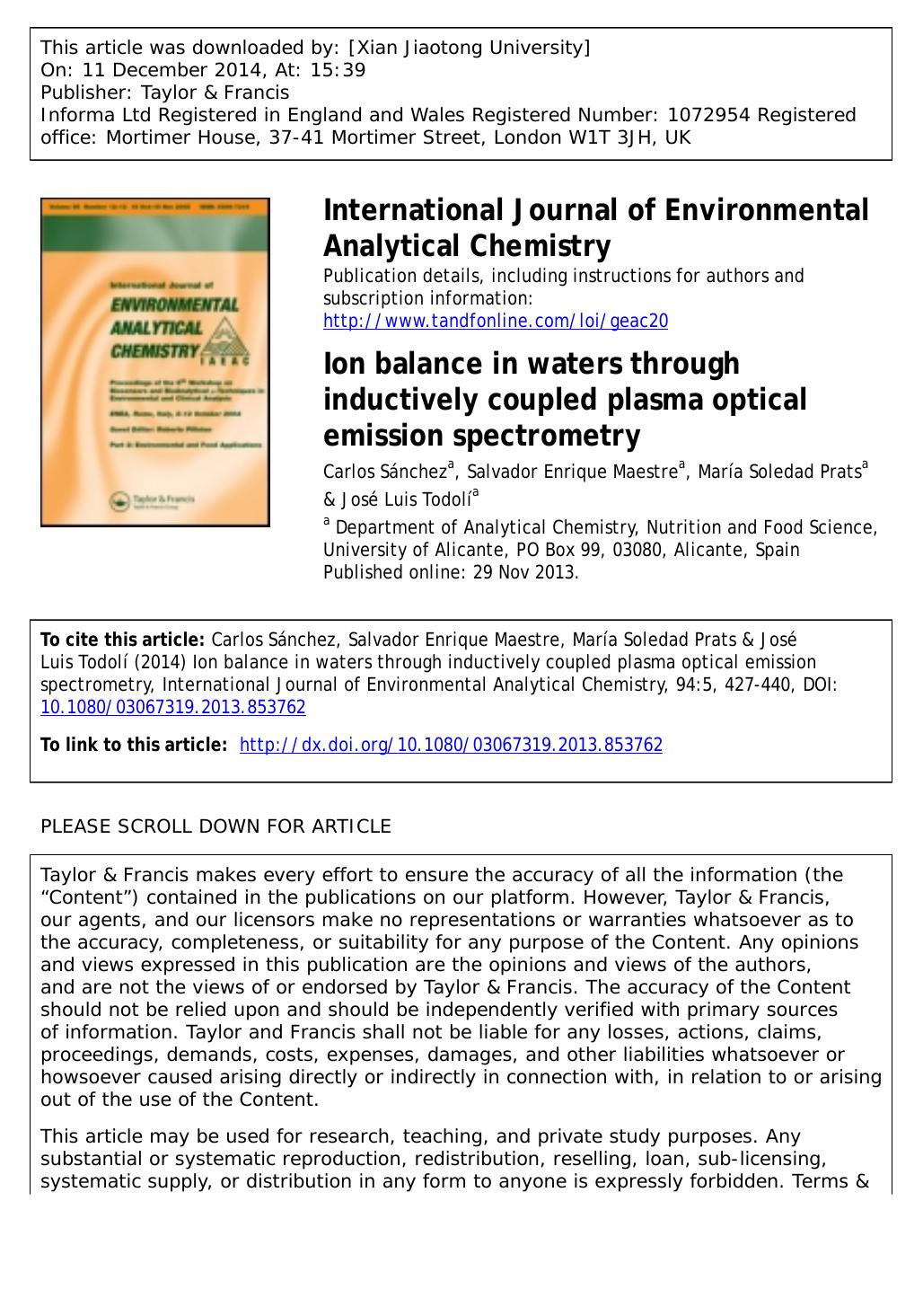 Ion balance in waters through inductively coupled plasma optical emission spectrometry by Carlos Sánchez