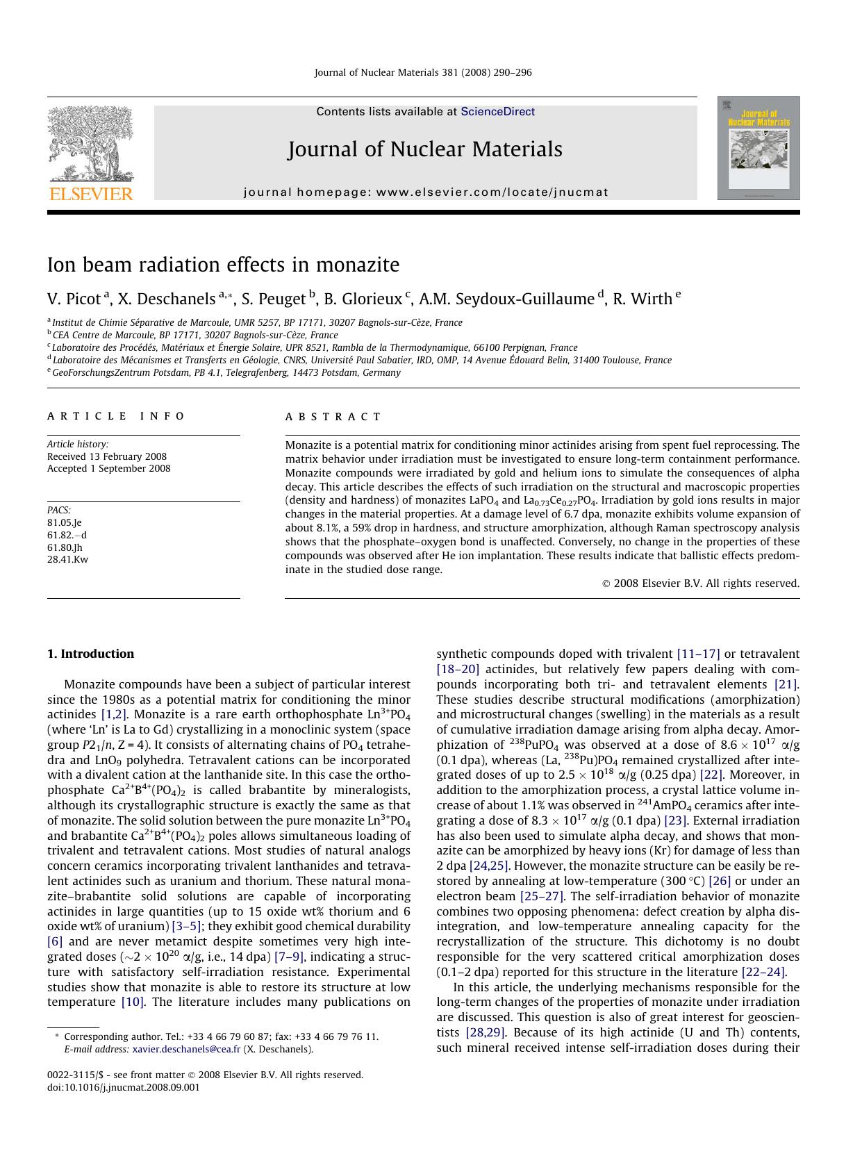 Ion beam radiation effects in monazite by V. Picot; X. Deschanels; S. Peuget; B. Glorieux; A.M. Seydoux-Guillaume; R. Wirth