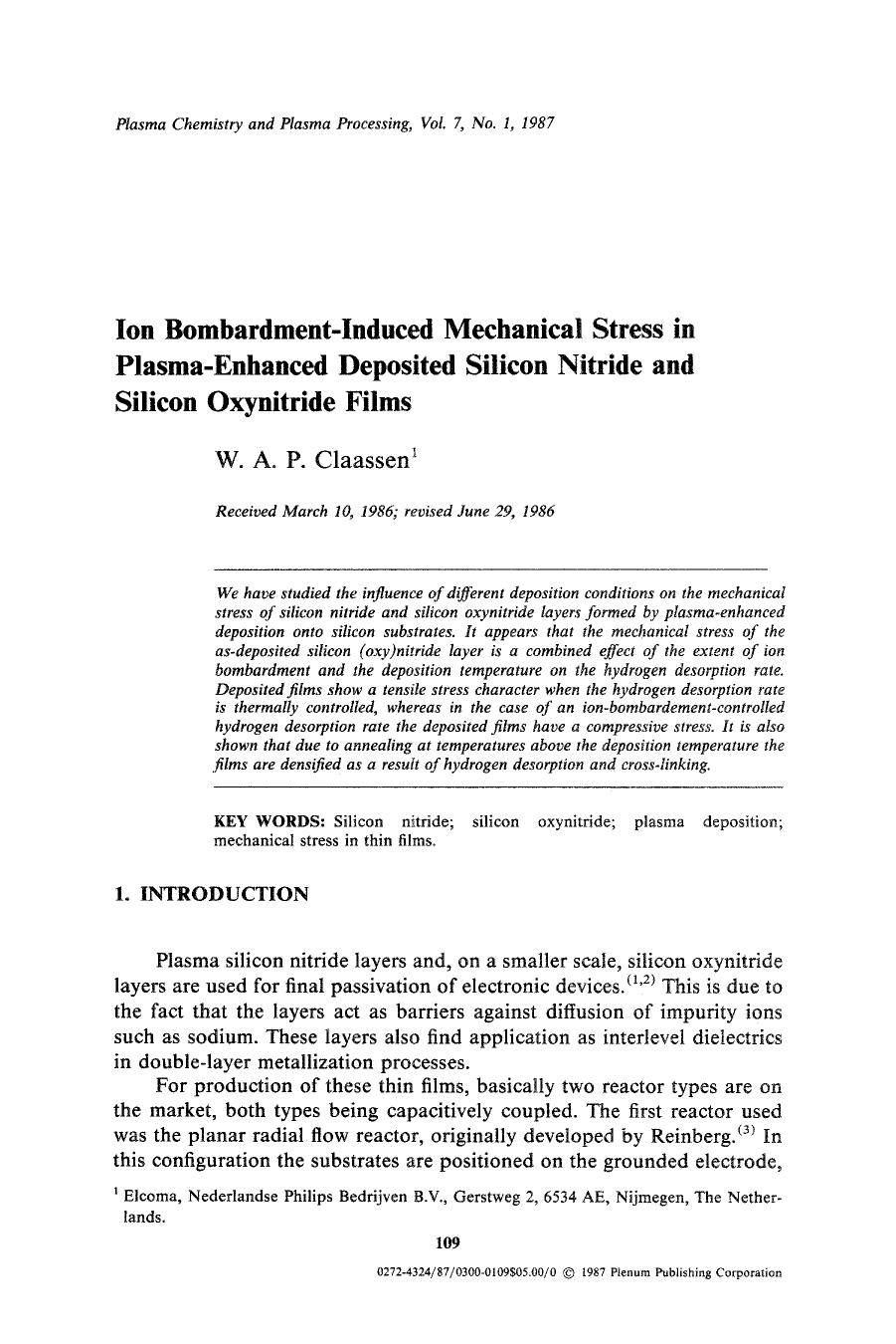 Ion bombardment-induced mechanical stress in plasma-enhanced deposited silicon nitride and silicon oxynitride films by Unknown