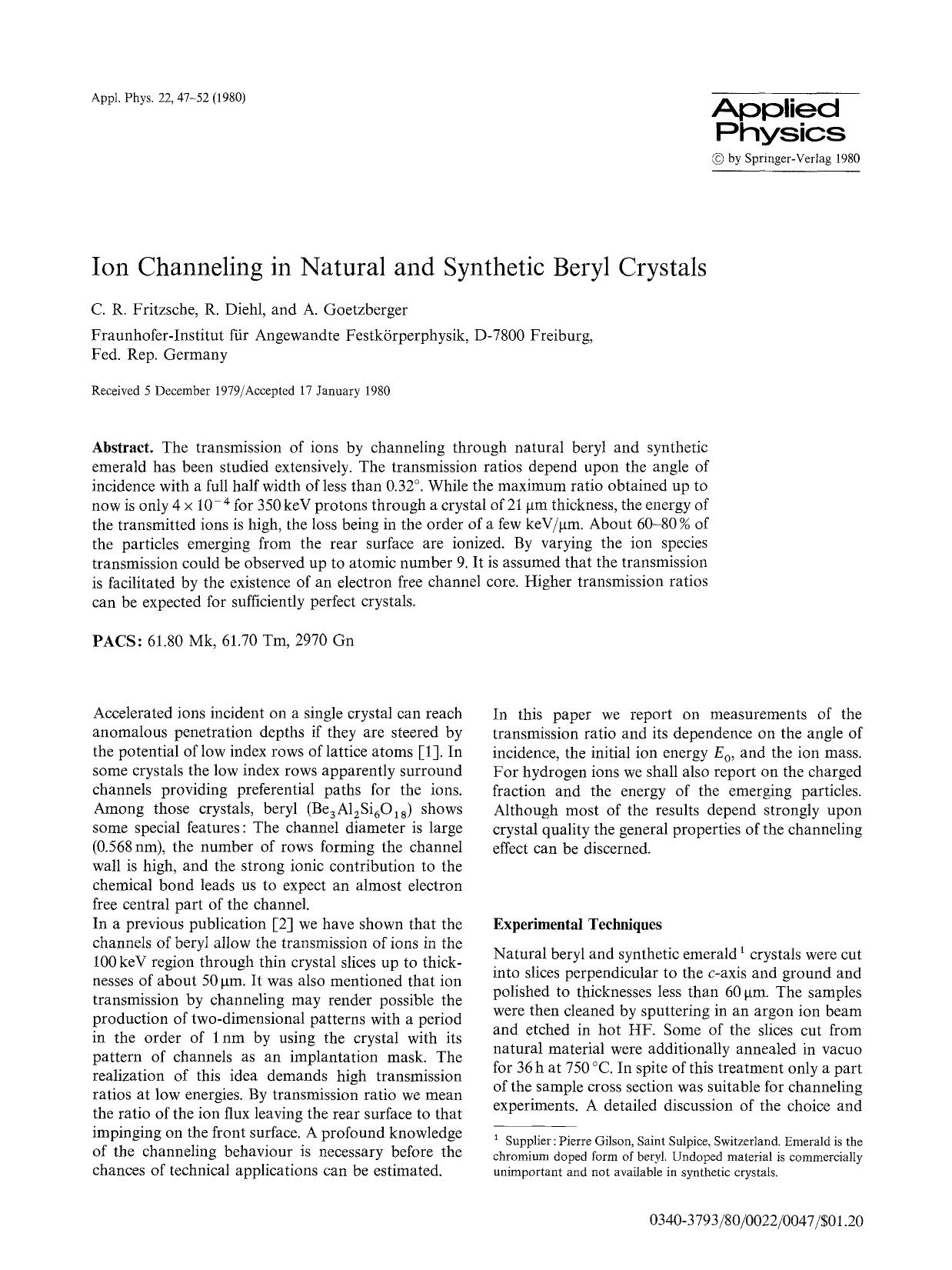 Ion channeling in natural and synthetic beryl crystals by Unknown