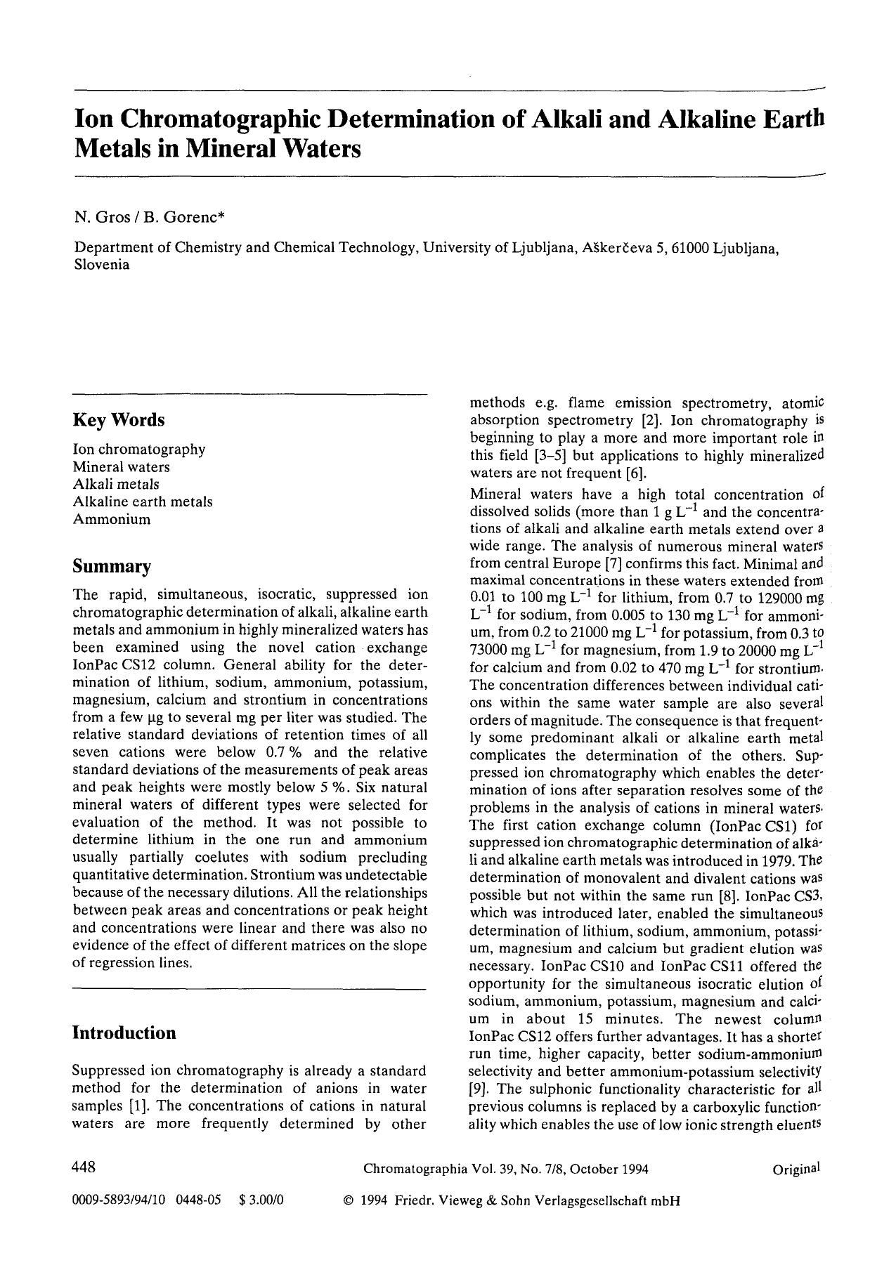 Ion chromatographic determination of alkali and alkaline earth metals in mineral waters by Unknown