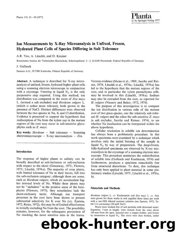 Ion measurements by X-ray microanalysis in unfixed, frozen, hydrated plant cells of species differing in salt tolerance by Unknown
