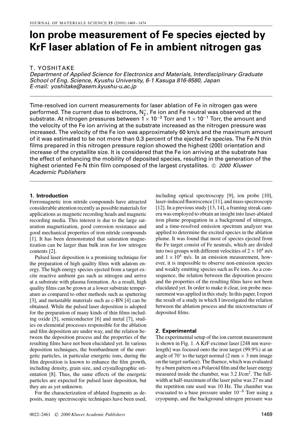 Ion probe measurement of Fe species ejected by KrF laser ablation of Fe in ambient nitrogen gas by Unknown