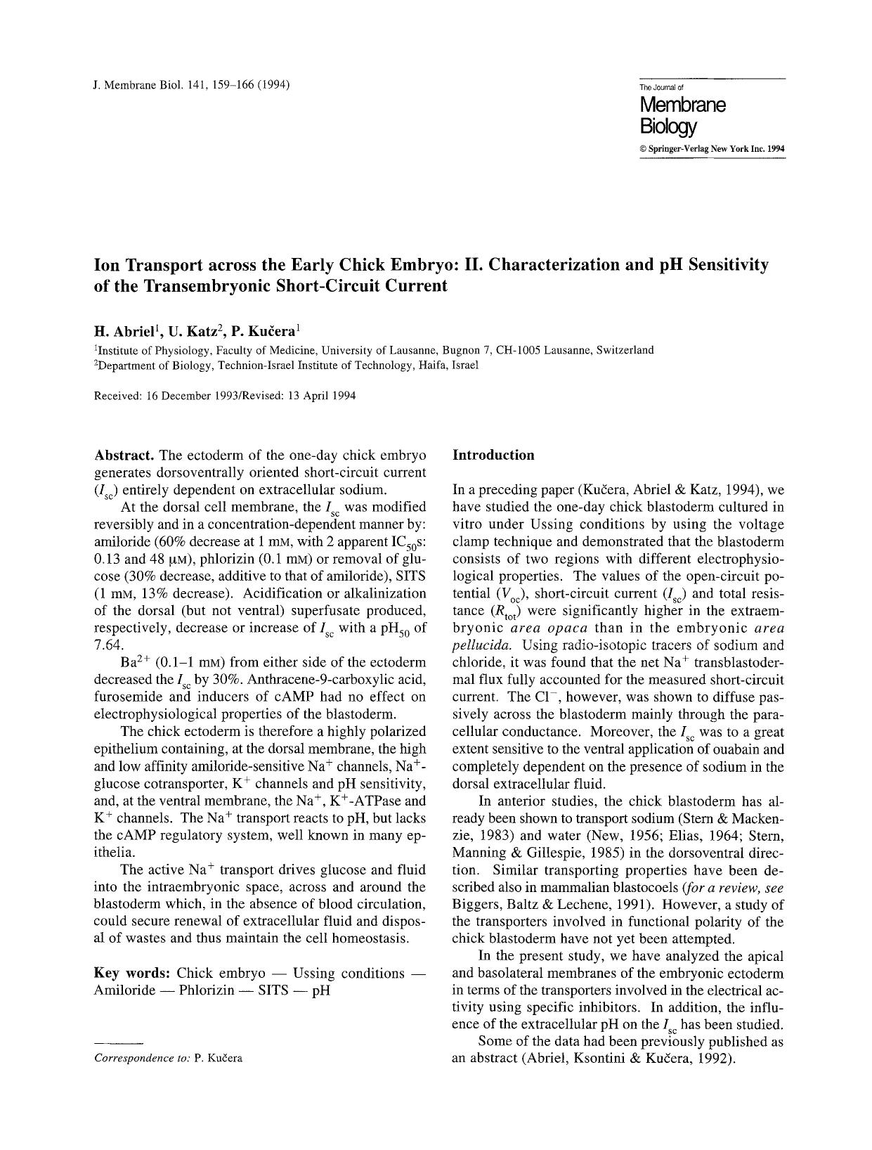 Ion transport across the early chick embryo: II. Characterization and pH sensitivity of the transembryonic short-circuit current by Unknown