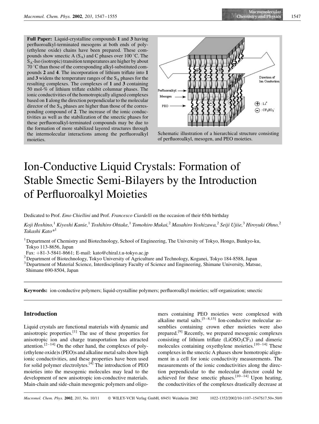 Ion-conductive liquid crystals: Formation of stable smectic semi-bilayers by the introduction of perfluoroalkyl moieties by Unknown