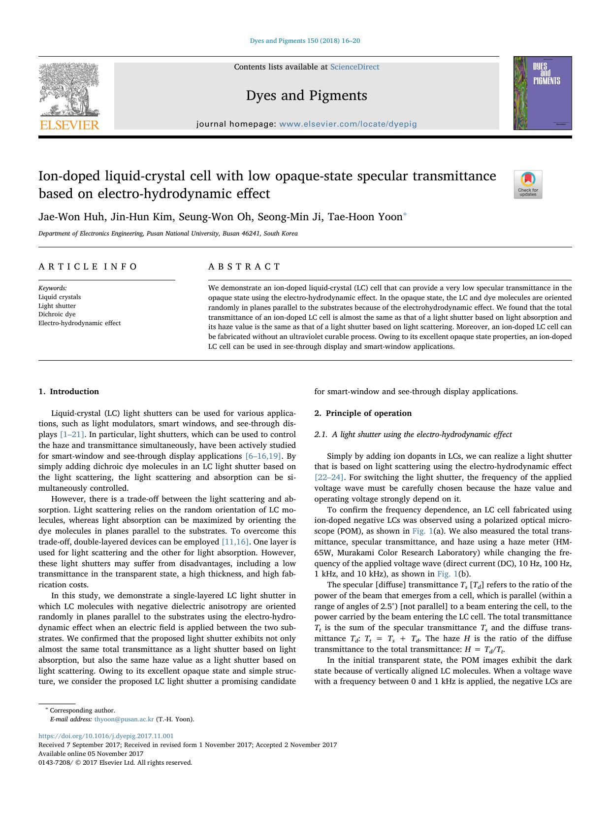 Ion-doped liquid-crystal cell with low opaque-state specular transmittance based on electro-hydrodynamic effect by Jae-Won Huh & Jin-Hun Kim & Seung-Won Oh & Seong-Min Ji & Tae-Hoon Yoon